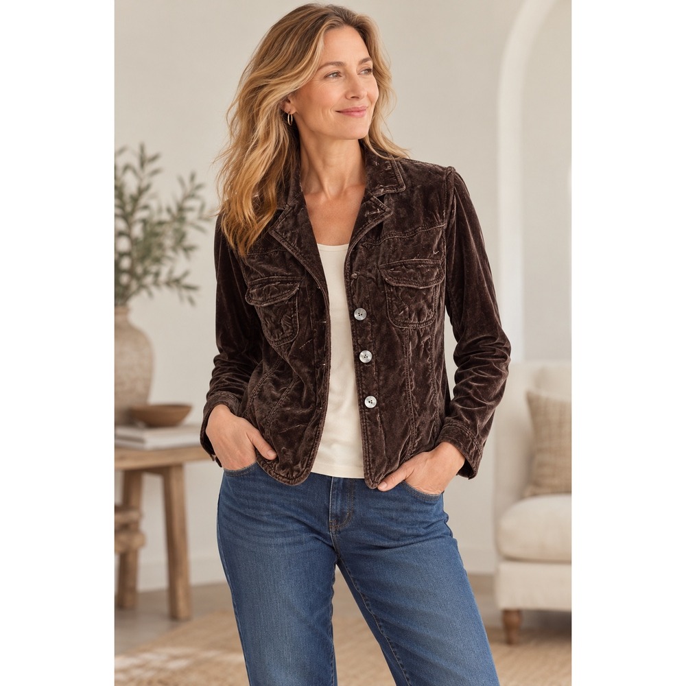 J.Jill Chocolate Brown Rayon Velvet Trucker Jacket Petite 2P 44-4973